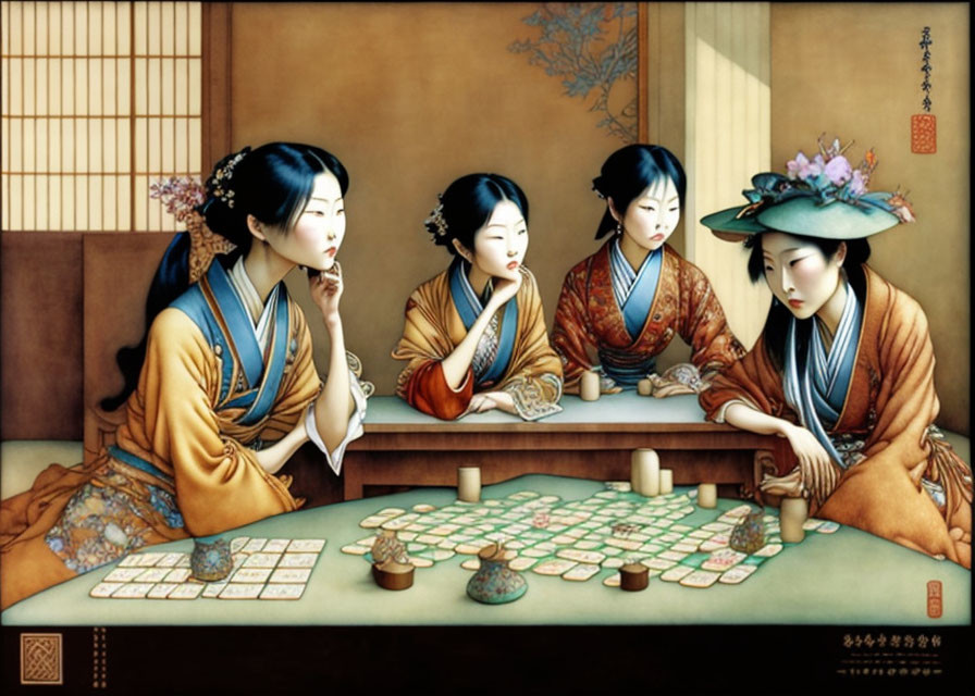 Four women in traditional Asian attire playing Mahjong in a wood-panelled room.