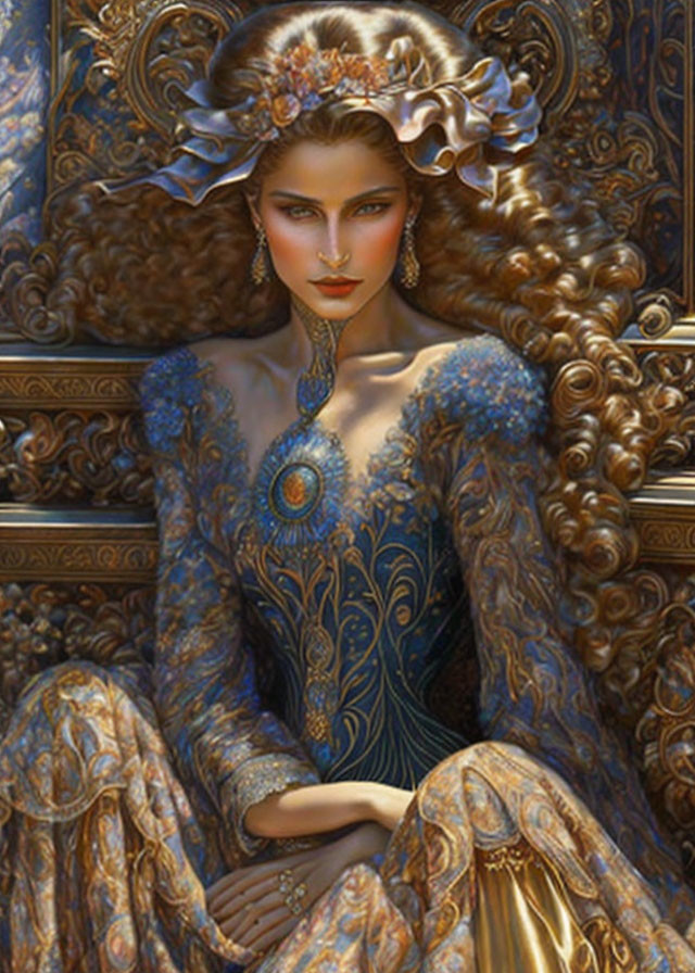 Intricate painting of woman in blue and gold dress with curly hair.