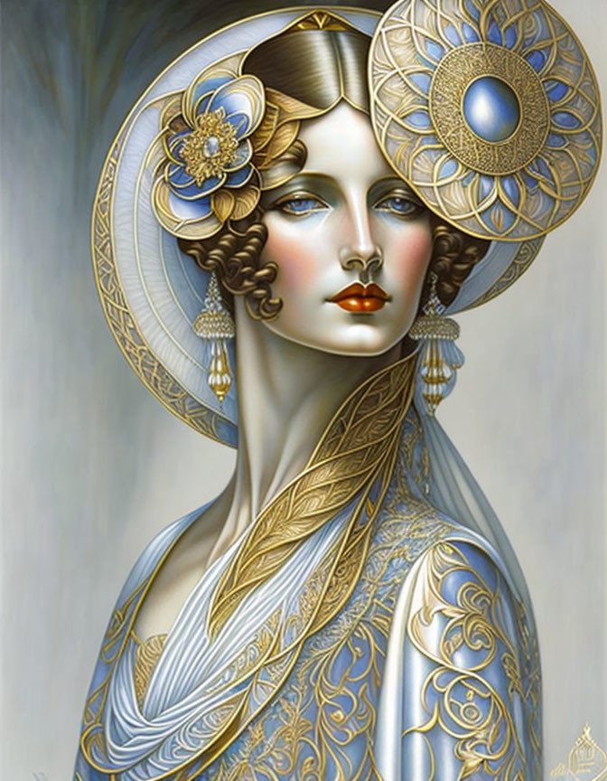 Stylized portrait of woman with Art Nouveau accessories & ornate hat