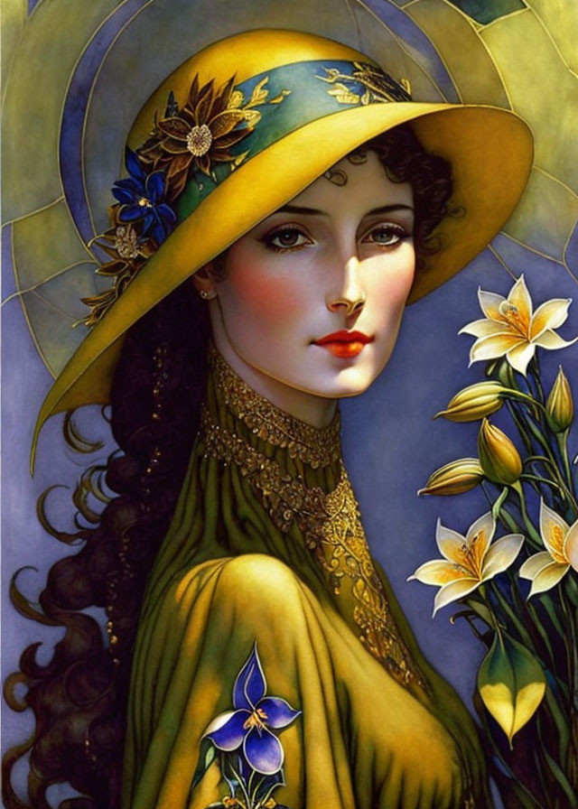 Illustration of woman in yellow hat and golden dress with lilies, early 20th-century elegance