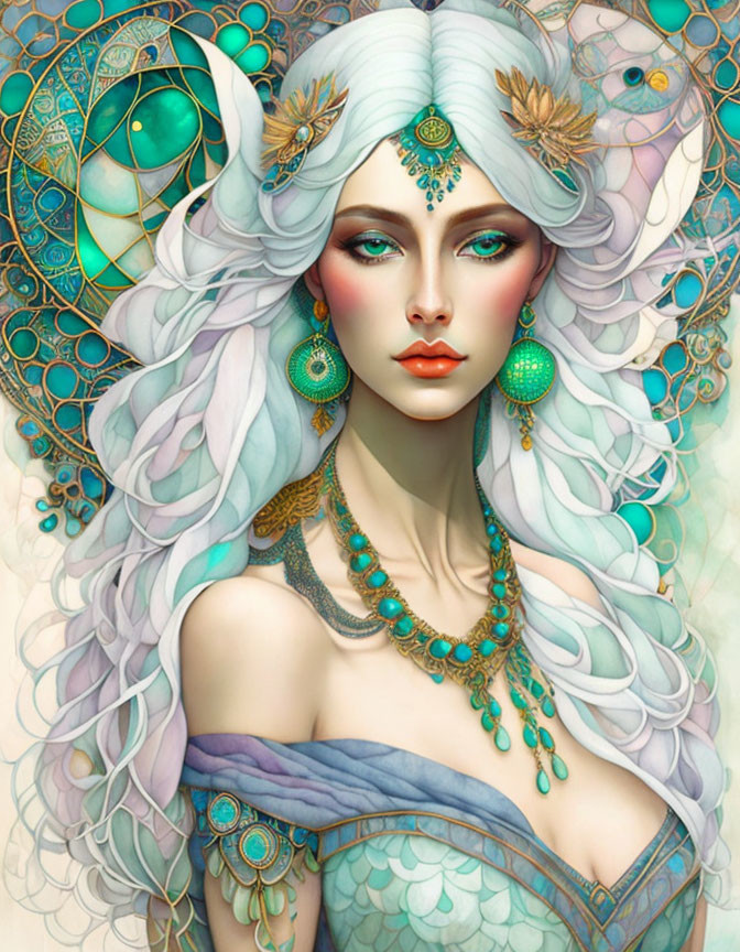 Fantasy portrait of a woman with pale skin, white hair, green eyes, teal and gold jewelry