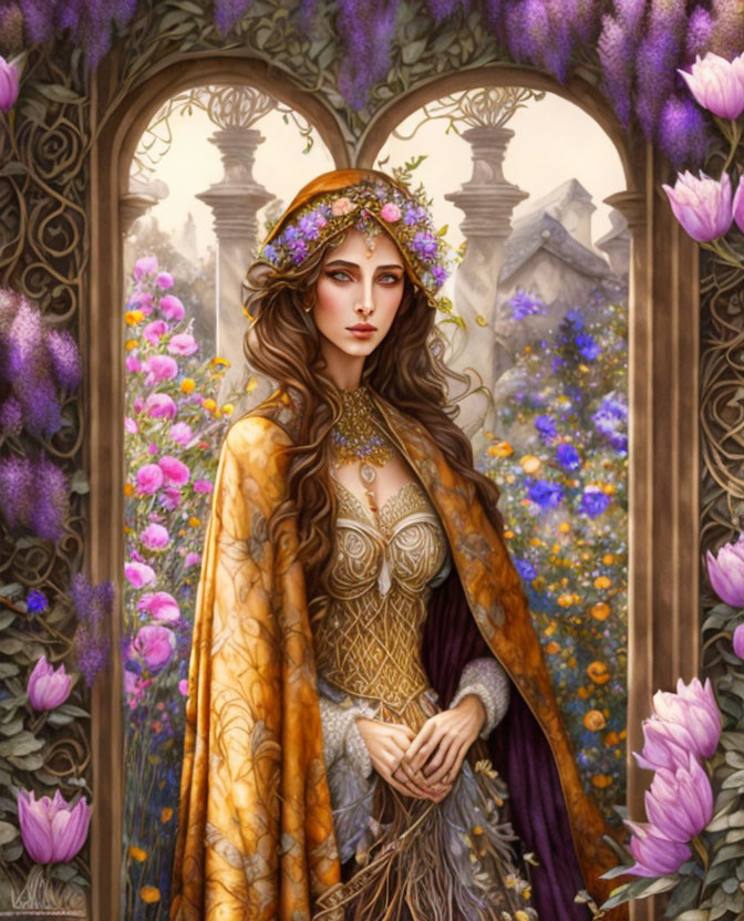 Regal woman in floral crown amidst blooming garden