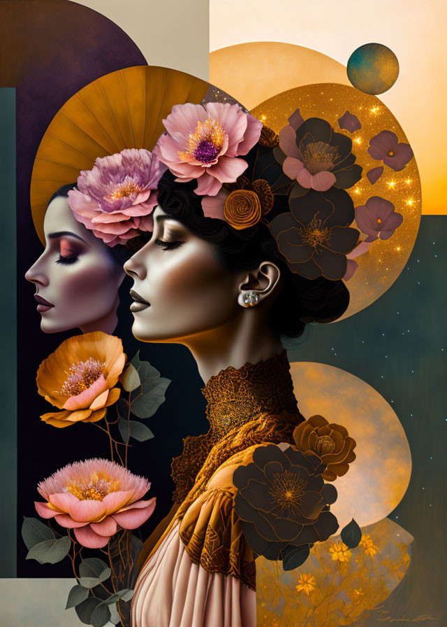 Illustration of two women's profiles with floral motifs on cosmic background