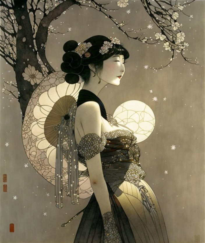 Traditional woman with umbrella and cherry blossoms illustration.