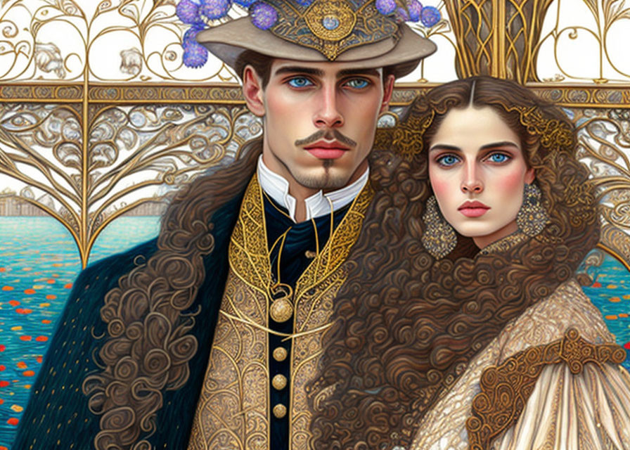 Digital artwork featuring man and woman in ornate Renaissance attire with gold embroidery against intricate waterfront backdrop.