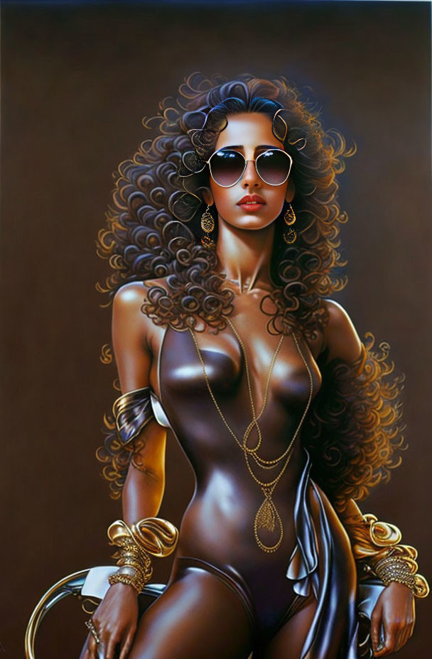 Voluminous Curly Hair Woman in Sunglasses Bodysuit Gold Accessories Brown Background