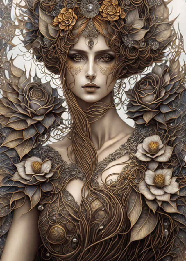 Detailed illustration of woman in floral headdress & garments.