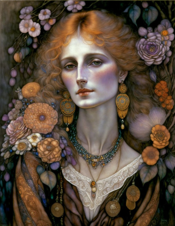 Detailed illustration of a woman with golden hair, adorned with jewelry and surrounded by intricate flowers.