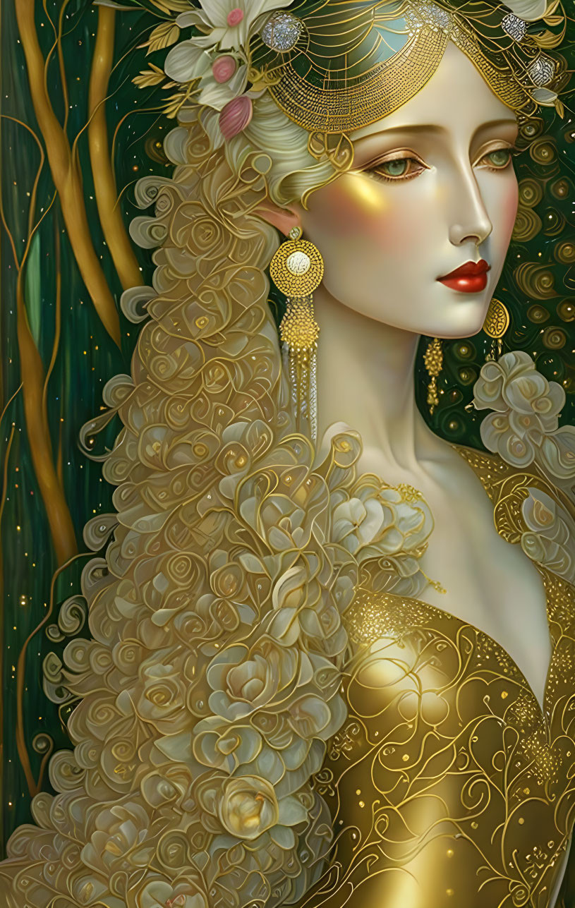 Golden-haired woman adorned with intricate headdress and garment on starry background