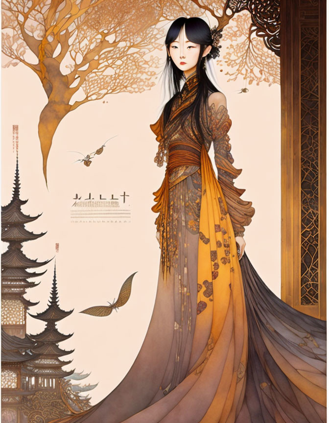 Traditional Asian Attire Illustration with Autumnal Scene