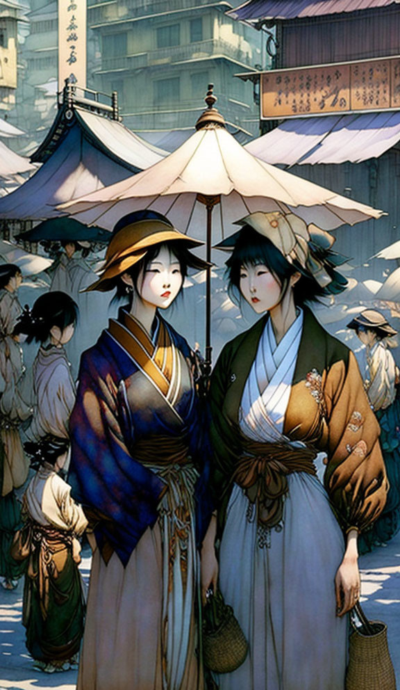 Traditional Japanese attire: Two women in busy street market