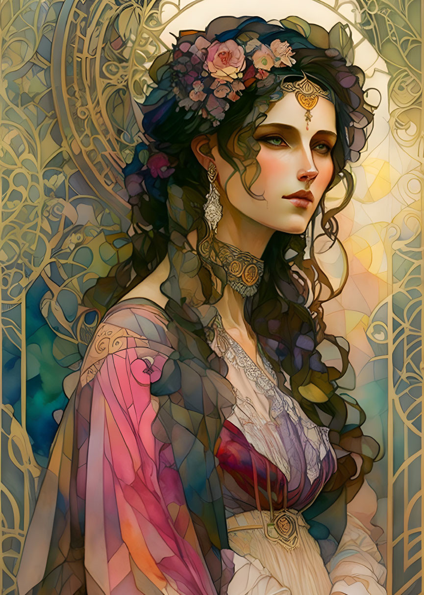 Illustrated Woman with Flowers and Jewelry in Delicate Art Nouveau Style