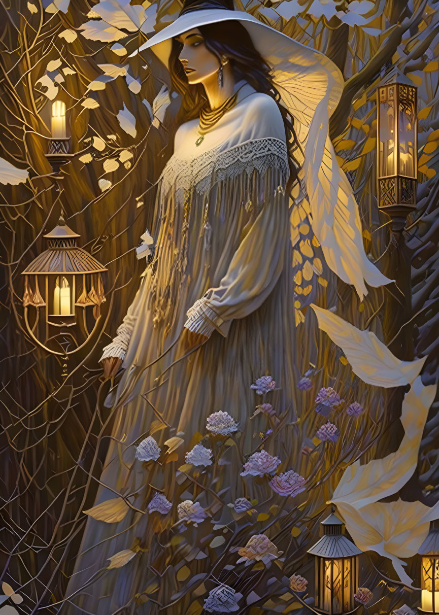 Ethereal woman in flowing dress in enchanted forest with glowing lanterns