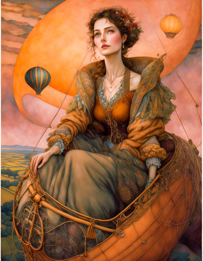 Vintage-dressed woman in hot air balloon with scenic landscape view