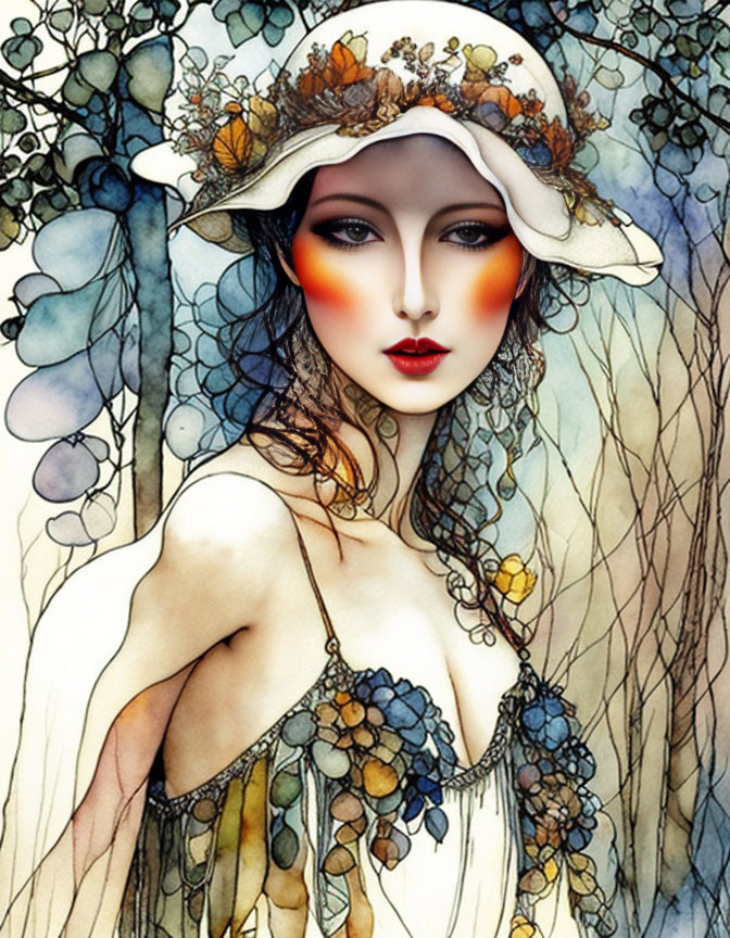 Illustrated portrait of woman in white hat with floral adornments against blue foliage.