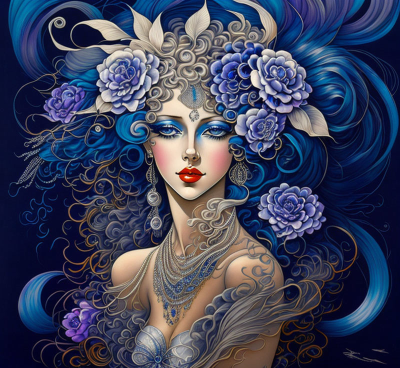 Portrait of Woman with Blue and Silver Hair and Floral Adornments