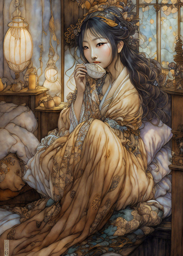 Illustrated woman in ornate attire sipping tea in elegant setting