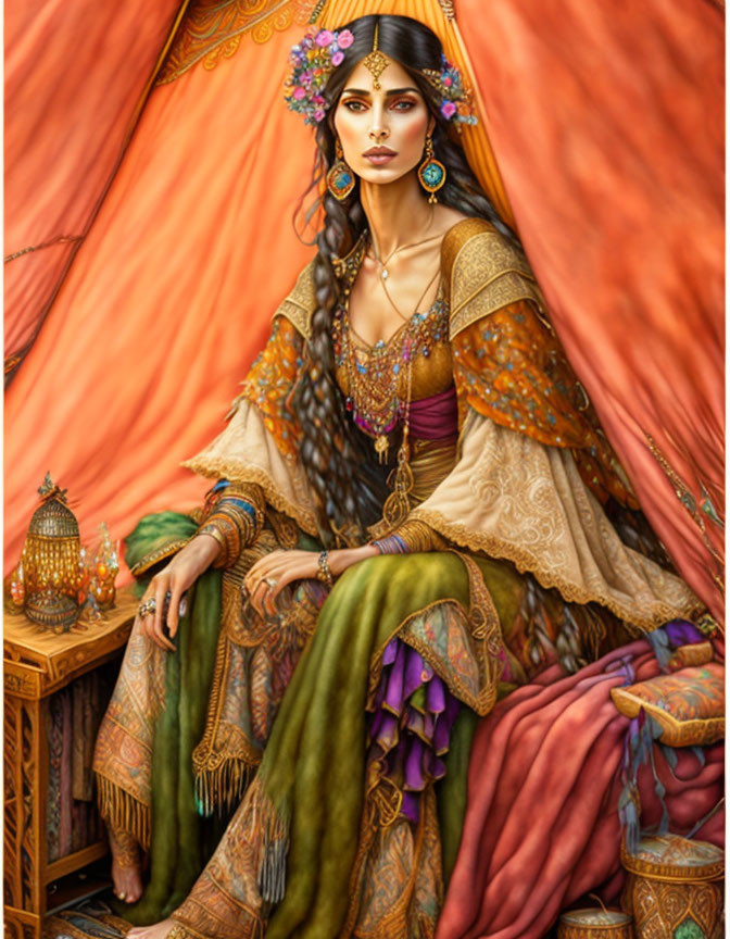 Traditional woman adorned in ornate attire under elegant tent