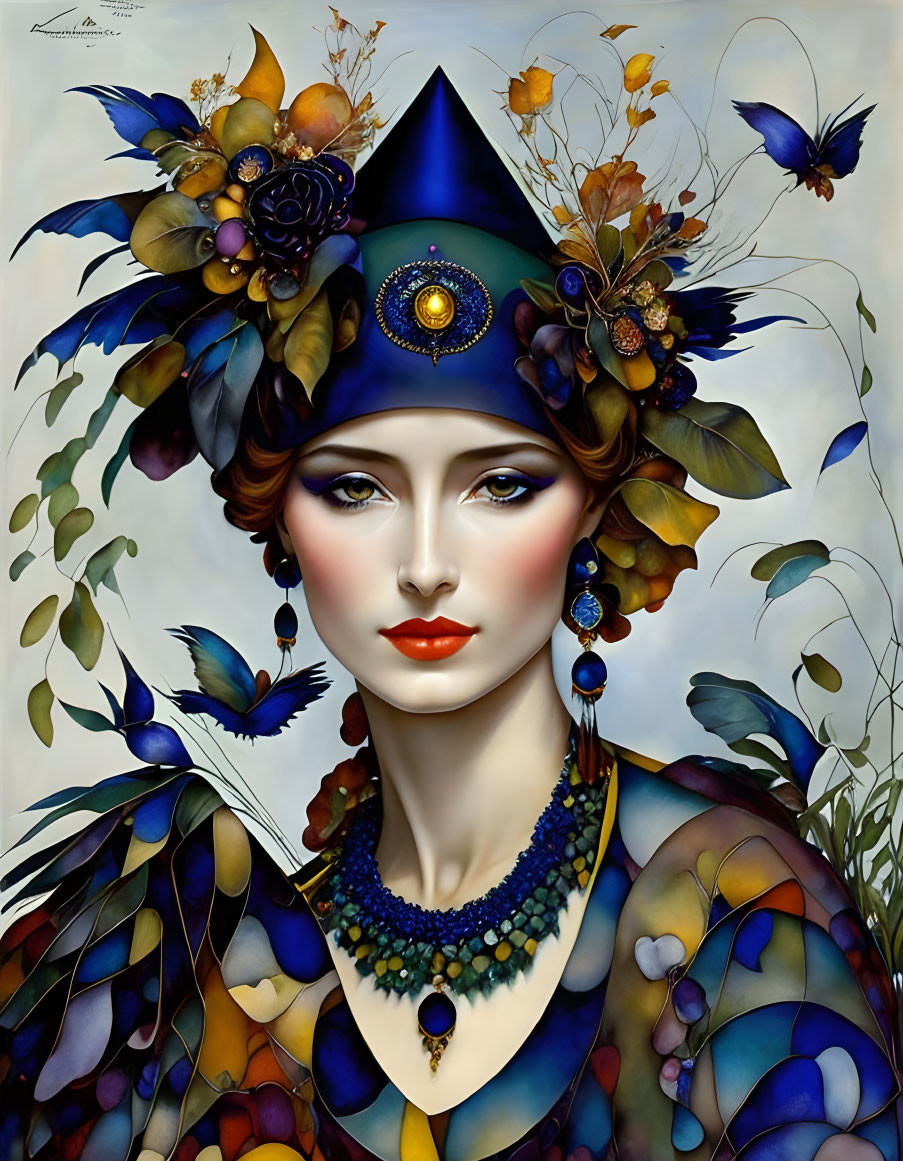 Colorful Woman Illustration with Feather Details, Blue Hat, Flora, Fauna, and Necklace