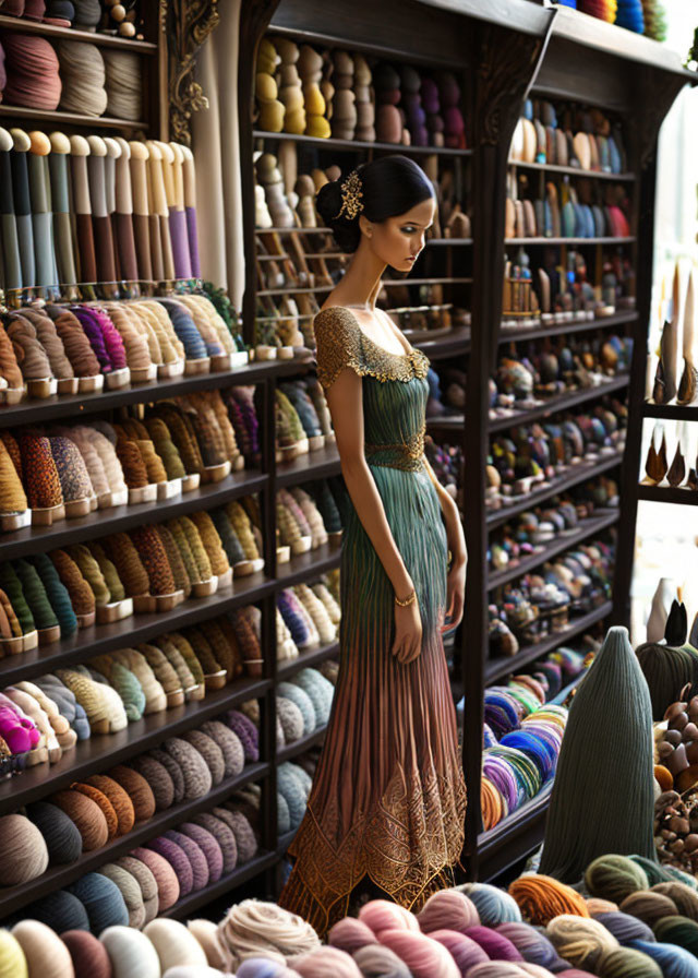 Woman in elegant dress surrounded by colorful yarn shelves