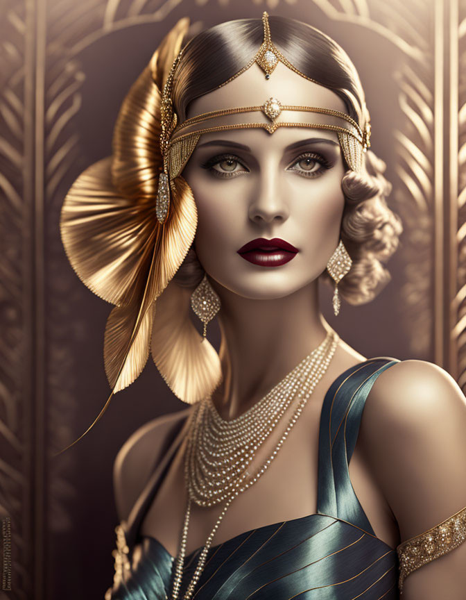 Stylized 1920s-inspired female figure with golden headpiece and pearl necklace