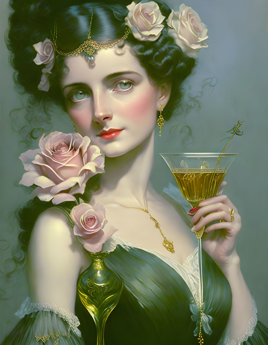 Vintage hairstyle adorned with roses and jewelry, holding a champagne glass on soft green backdrop