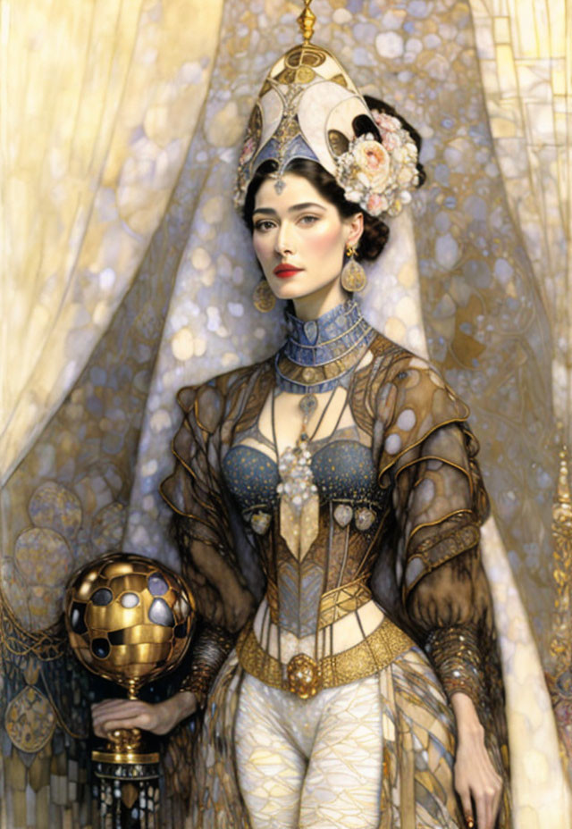 Detailed Illustration of Woman in Ornate Gold and Blue Costume Holding Sphere