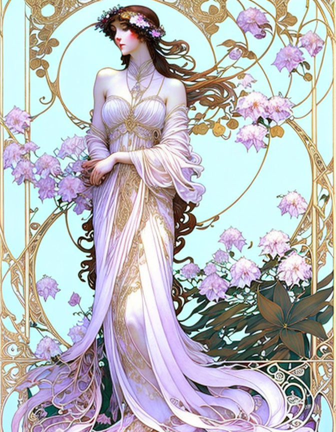 Woman in Purple Gown Surrounded by Flowers and Art Nouveau Motifs