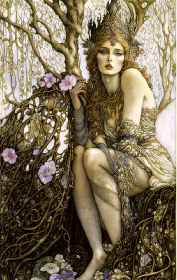 Golden headdress woman entwined in mystical tree with purple flowers