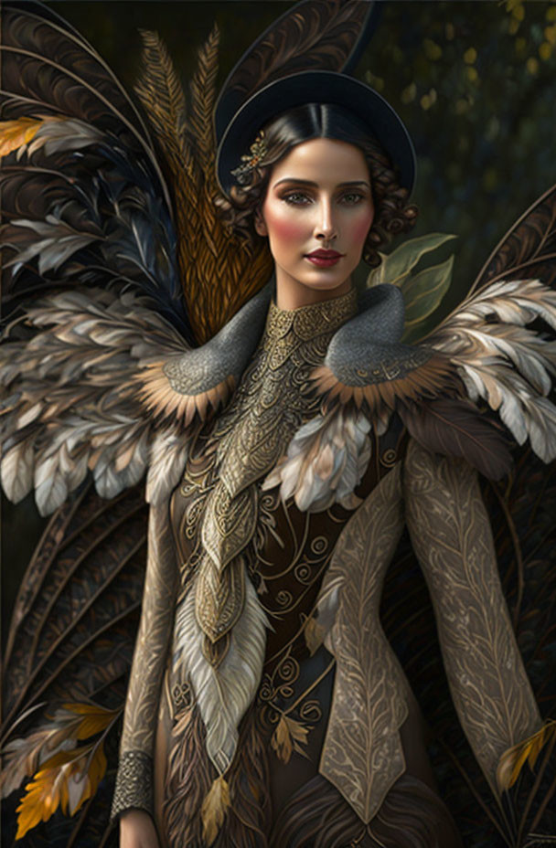 Vintage-style artwork of a woman with feathered wings in ornate attire against a dark forest.