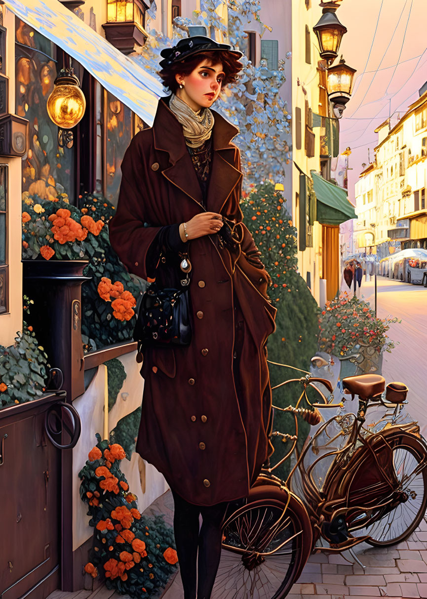 Stylish woman in long coat and hat with bicycle on evening street with orange flowers