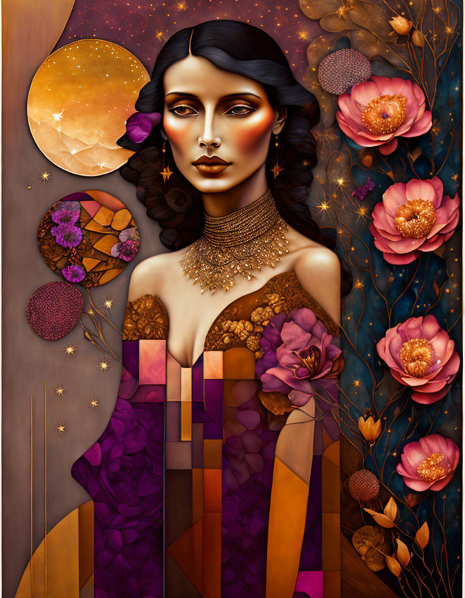 Vibrant celestial-themed woman illustration with dark hair