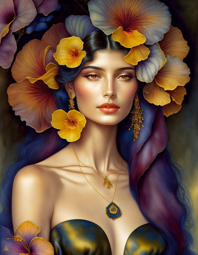 Portrait of woman with yellow flowers, golden jewelry, blue wavy hair, and thoughtful look