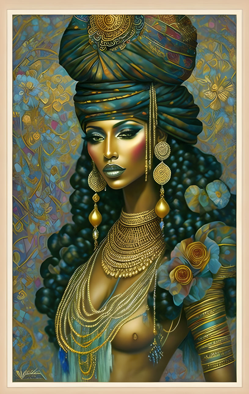 Detailed Portrait of Woman in Ornate Turban & Gold Jewelry