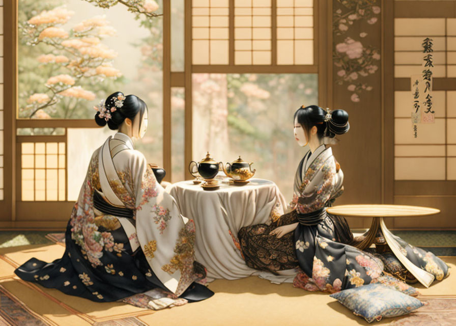 Traditional Japanese tea ceremony with individuals in kimono at tatami room