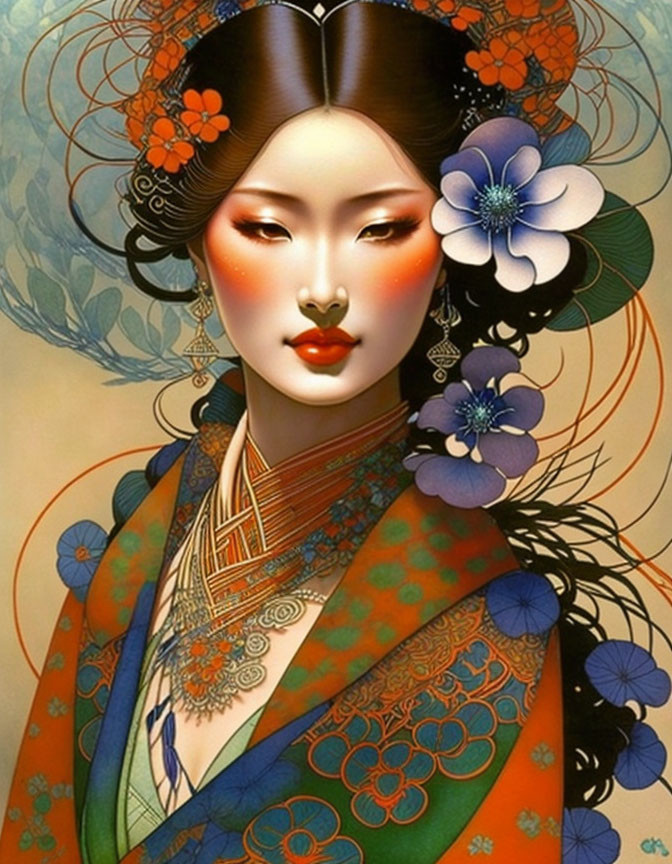 Traditional Asian woman illustration with floral hair accessories and colorful garment.