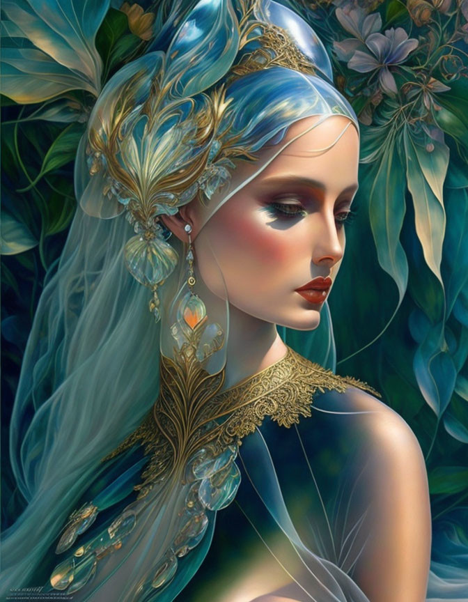 Woman with flowing blue hair and gold headpiece in lush greenery.