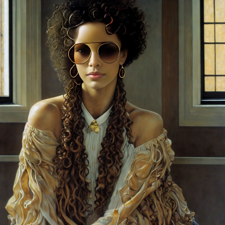 Stylized portrait of woman with curly hair and sunglasses