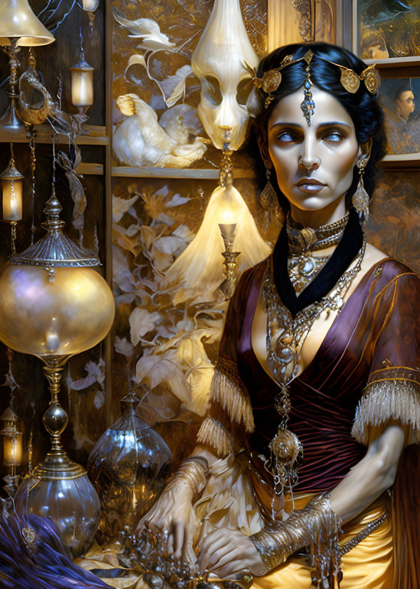 Luxurious Woman in Golden Jewelry Surrounded by Lamps and Autumn Leaves