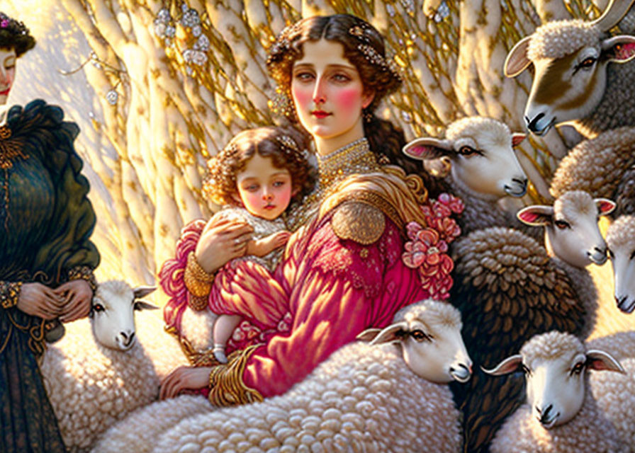 Detailed painting of woman and child with sheep, intricate clothing, serene expressions, golden hues, pastoral theme