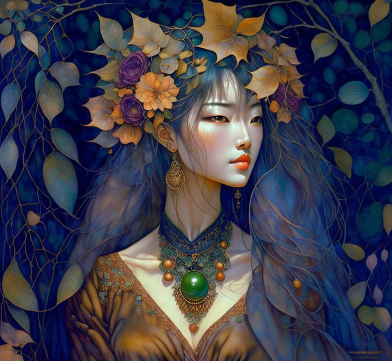 Asian woman digital artwork with autumn leaves, flowers, and mystical aura