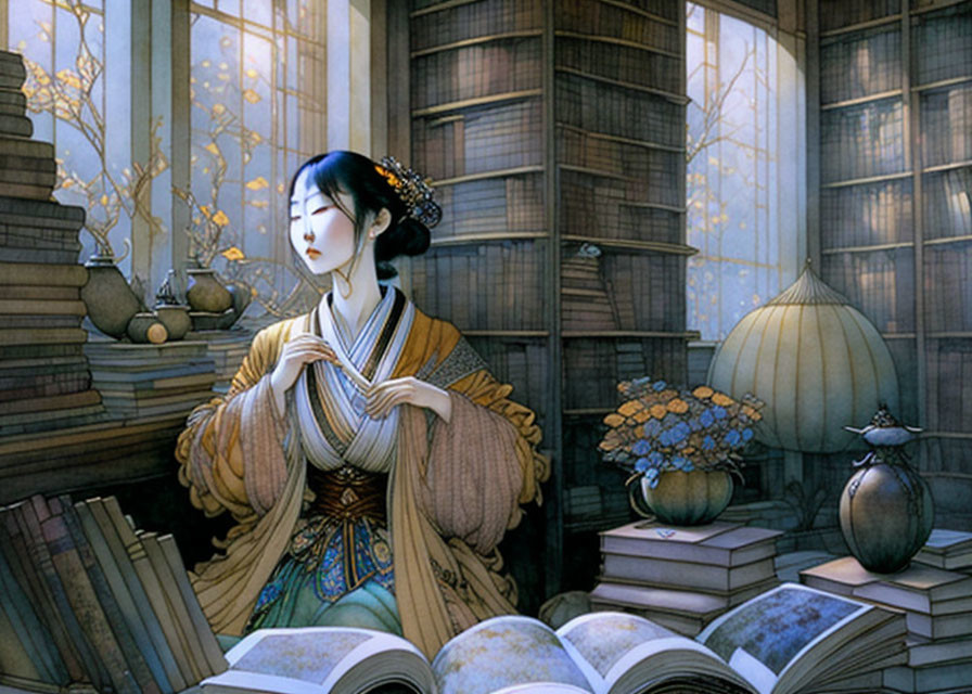 Blue-haired woman in book-filled room with light pouring in through windows