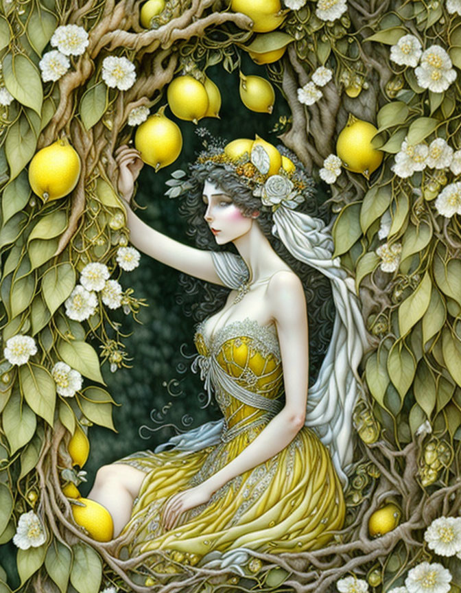 Woman in Golden Dress Surrounded by Lemon Trees and Floral Motifs