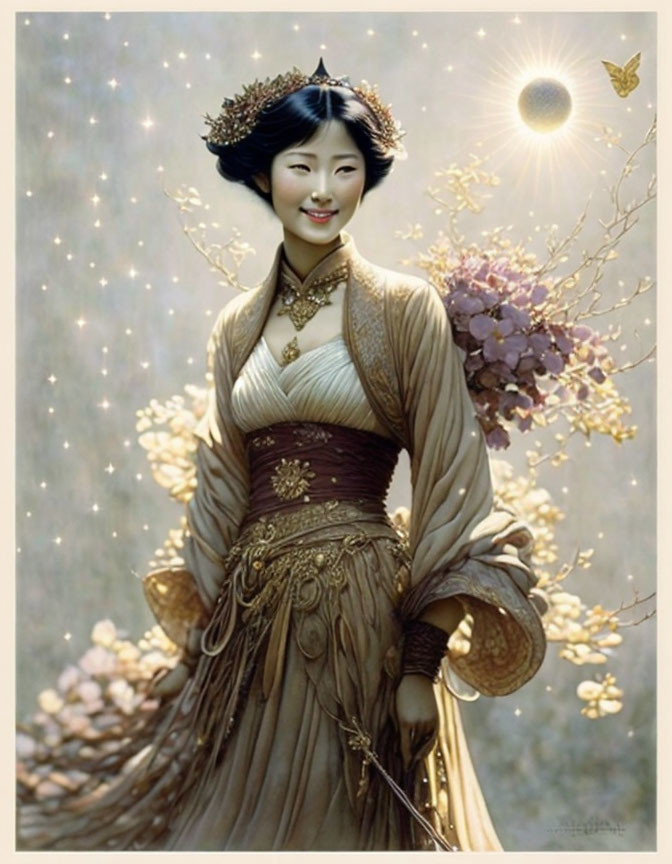 Smiling woman in traditional attire with floral headdress and butterfly in shimmering light