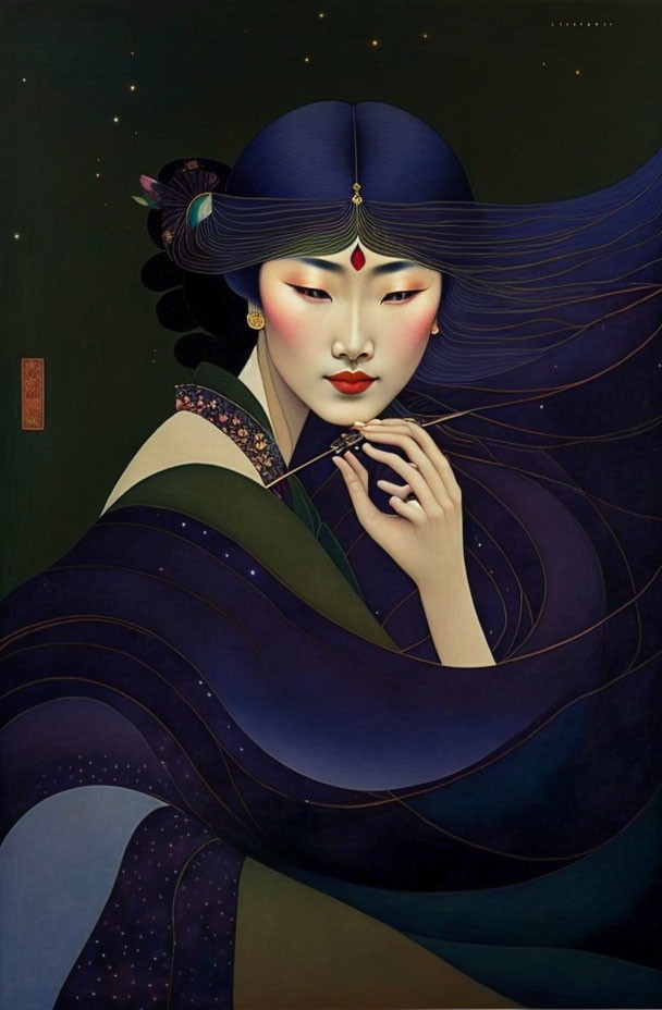 Detailed illustration: Woman with flowing hair and traditional Asian attire on dark green background