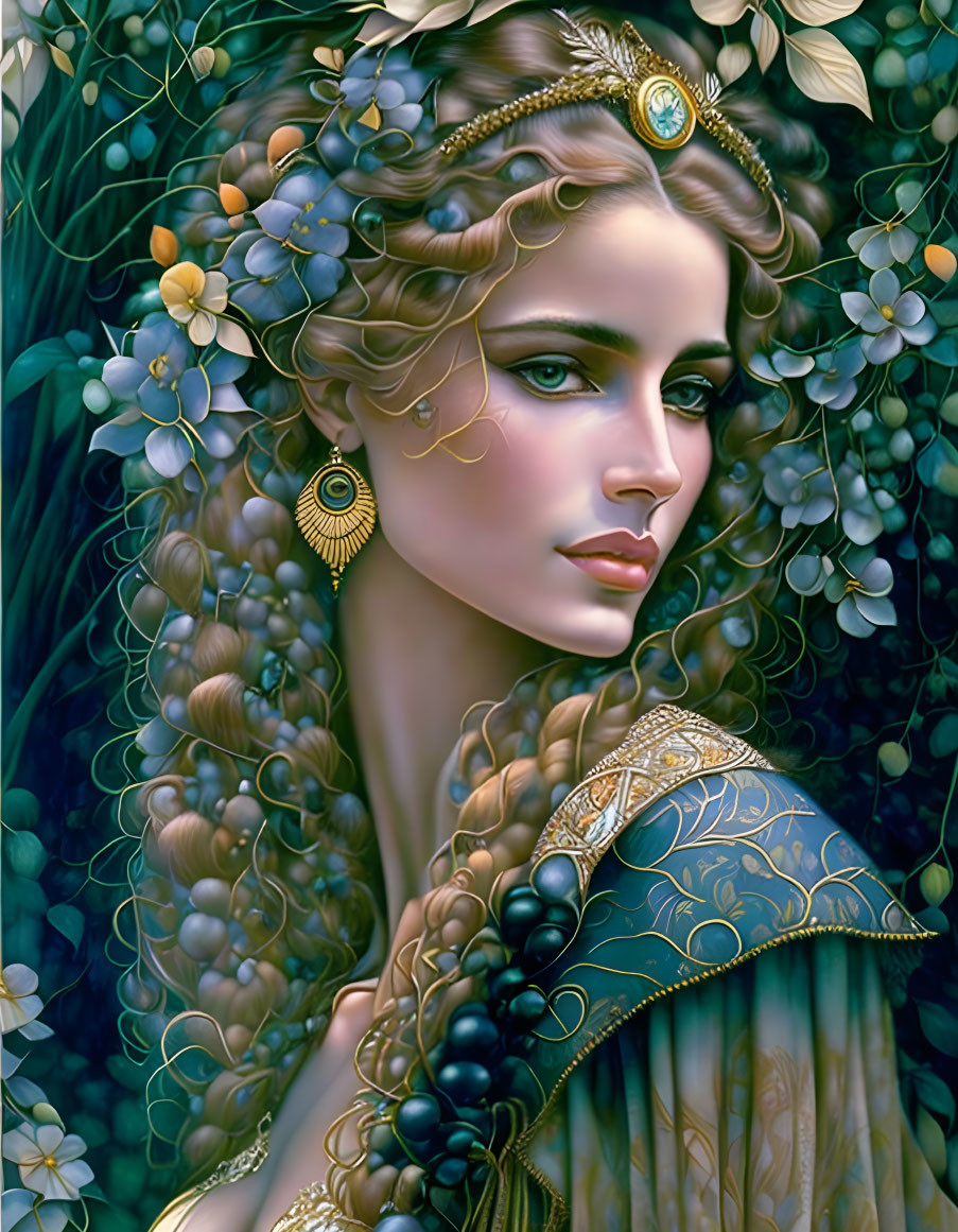 Detailed illustration of woman adorned in golden jewelry among lush greenery and yellow flowers.