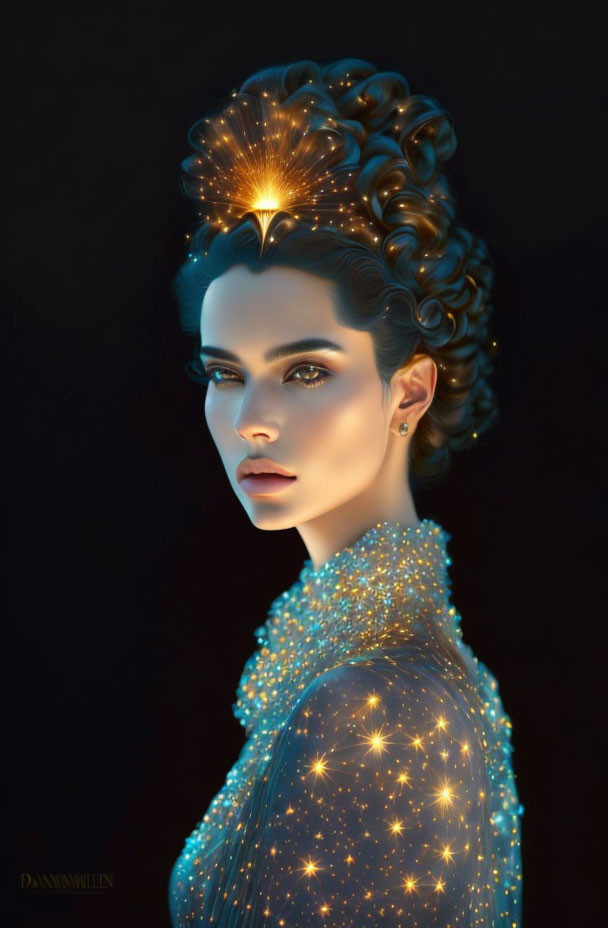 Ethereal woman with glowing hair in star-studded gown