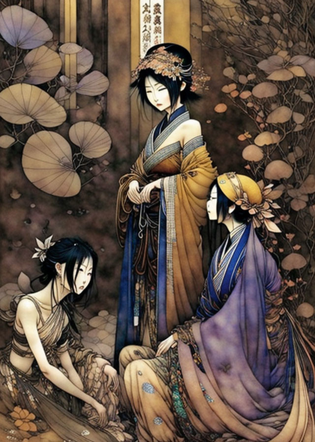 Three women in traditional Asian attire with lotus flowers and bamboo.