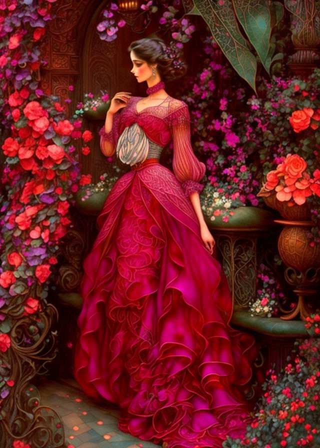 Woman in Red Gown Among Lush Florals