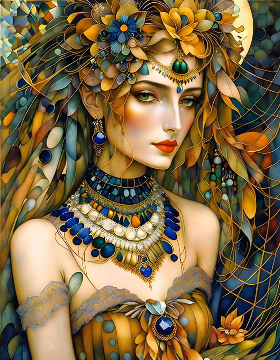 Detailed portrait of a woman with intricate jewelry and floral headdress in blues, greens, and golds